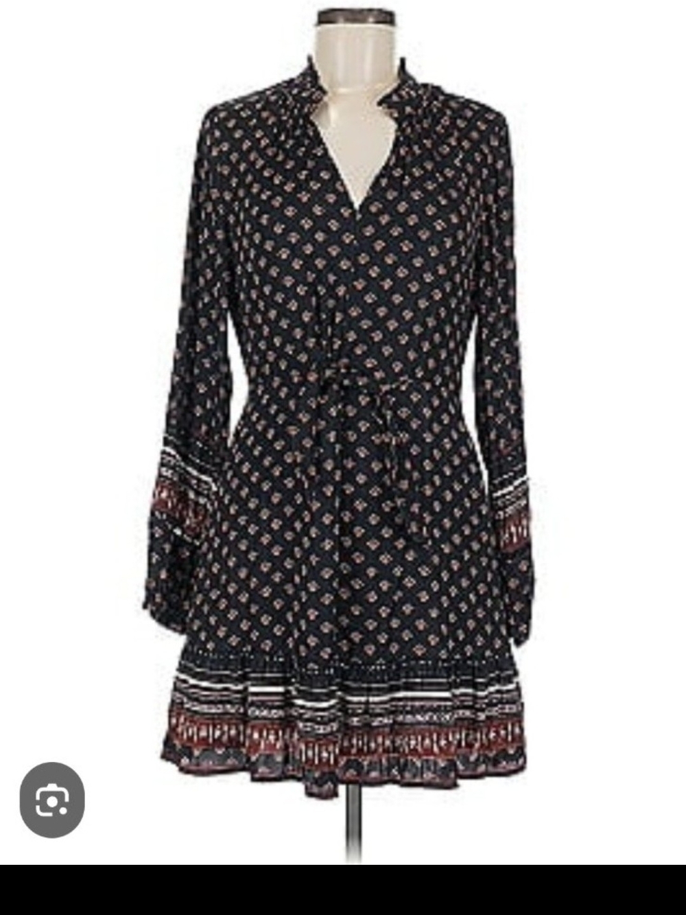 Greylin Black Long-Sleeve Tie-Waist Mini Dress with Rust and Cream Print
